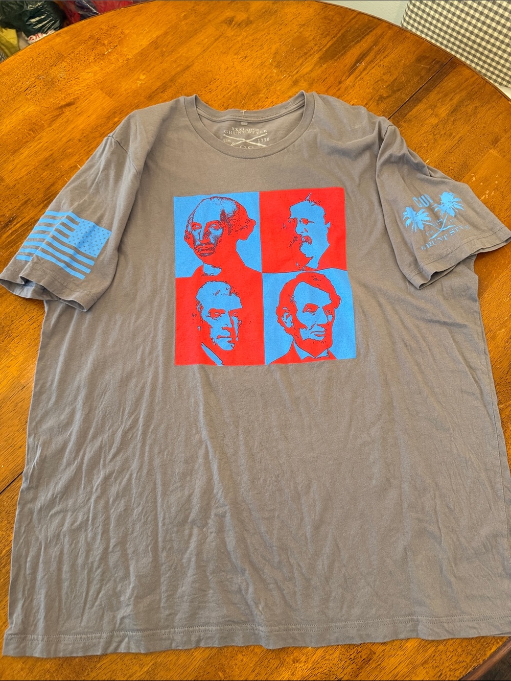 Grunt Style Short Sleeve Tee in Gray with Red & Blue Presidential Pop Art xxxl